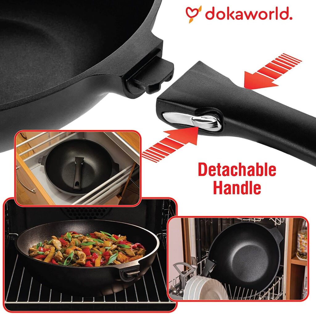 12-inch cooking wok fry pan detachable handle for easy use.