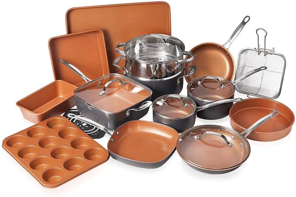 Gotham steel cookware + bakeware set with nonstick ceramic copper coating for comfortable cooking and baking.