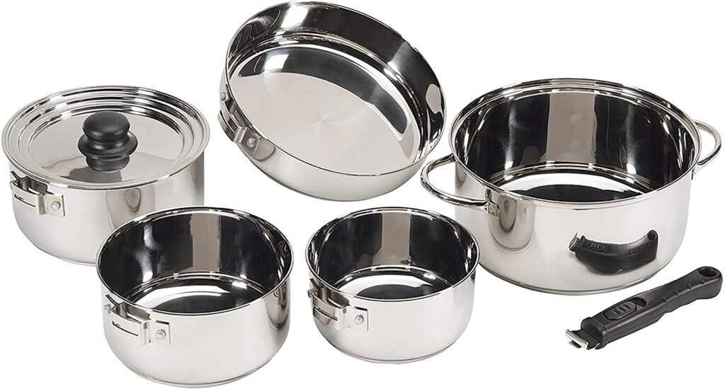 Stansport heavy duty 7 pieces stainless steel clad cookware set with removable handle for durability.
