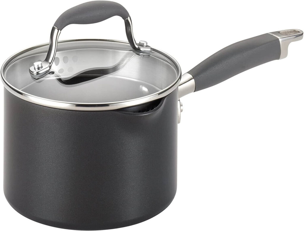 Anolon advanced hard anodized nonstick saucepan for an easy pour.