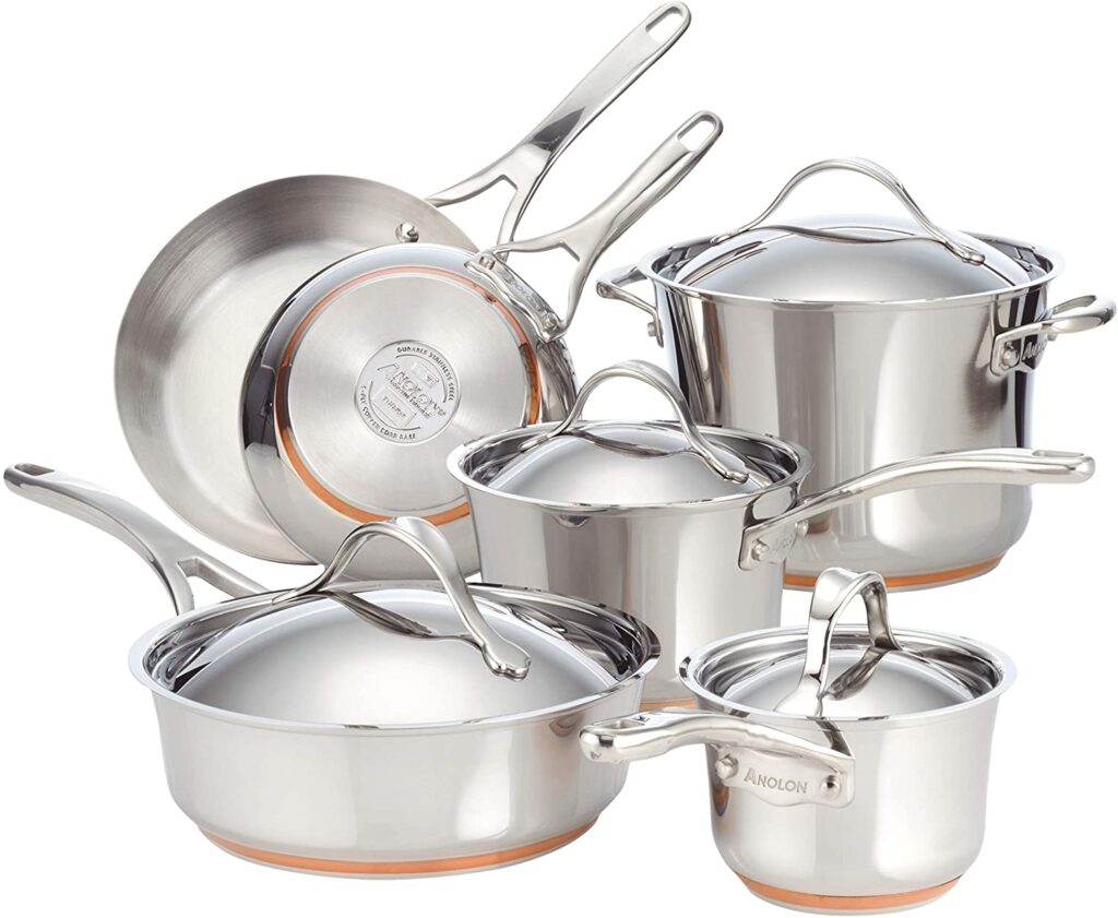 Anolon Nouvelle stainless steel cookware set for cooking performances.