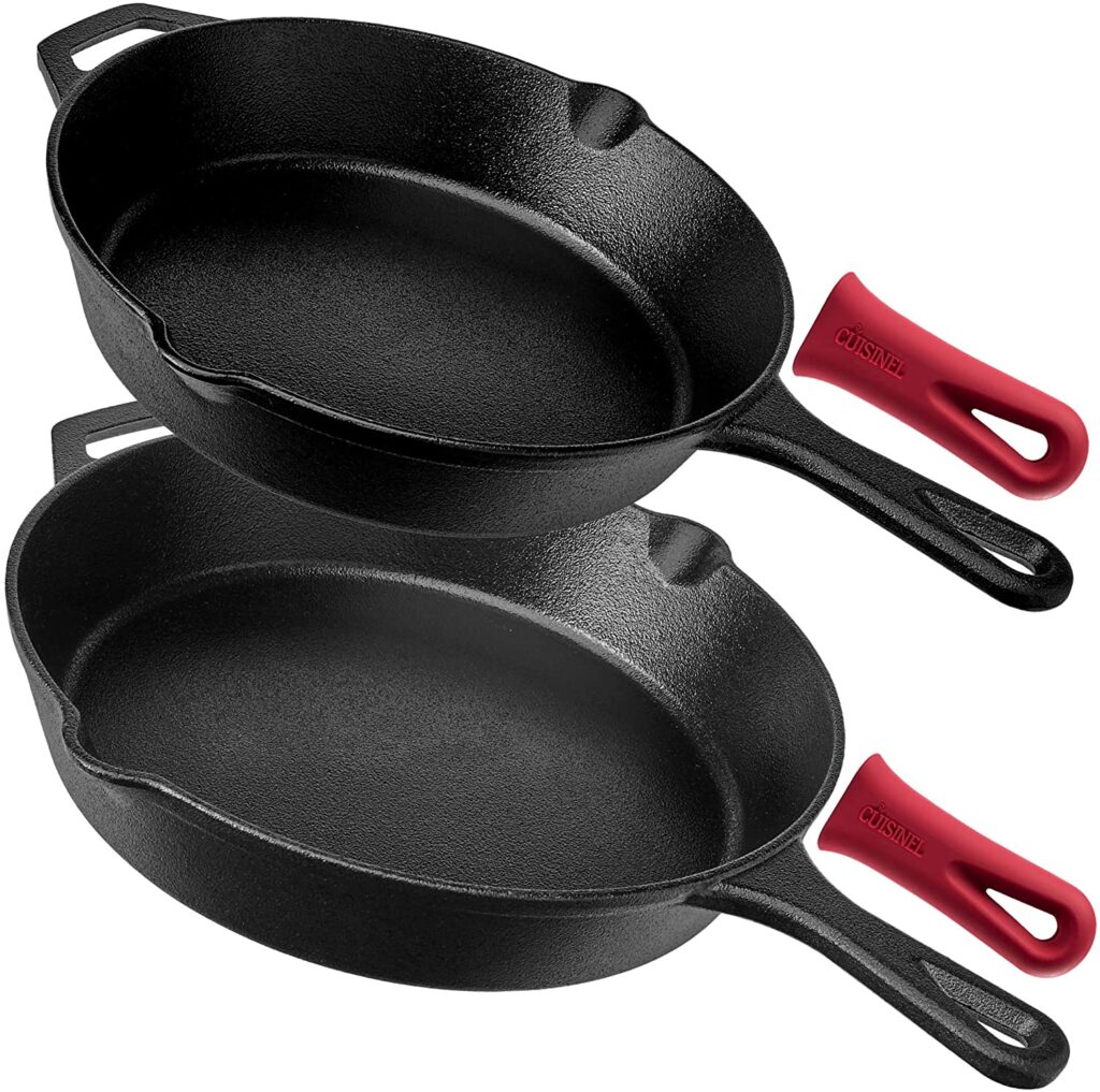 Cuisinel cast iron frying pans set with removable handles for easy cooking and frying.
