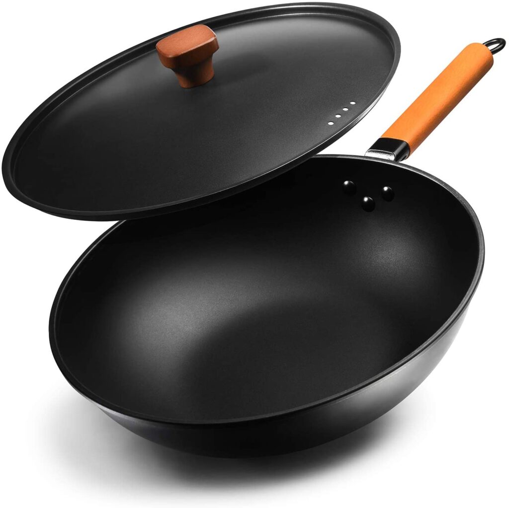 fine iron wok fry pan with a lid and detachable wooden handle for safe cooking.