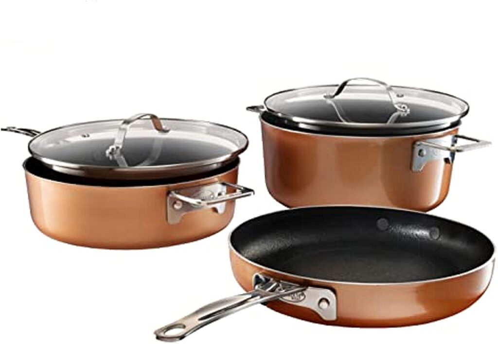 Gotham steel stackable pots and pans set with a removable handle to deliver food release.