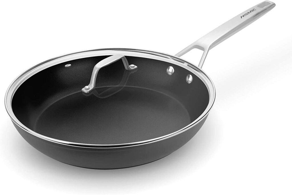 MSMK induction frying pan with lid use on electric hob for heat evenly.