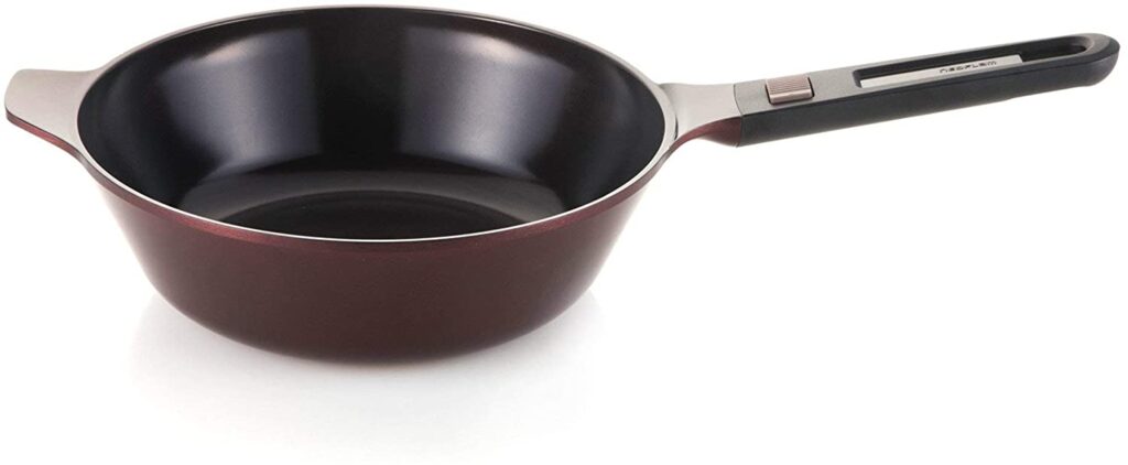 Neoflam ceramic nonstick chef wok frying pan with a detachable handle for storage.