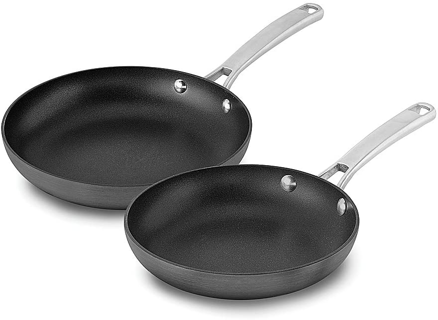 Calphalon classic nonstick 2 piece fry pans for easy food release.