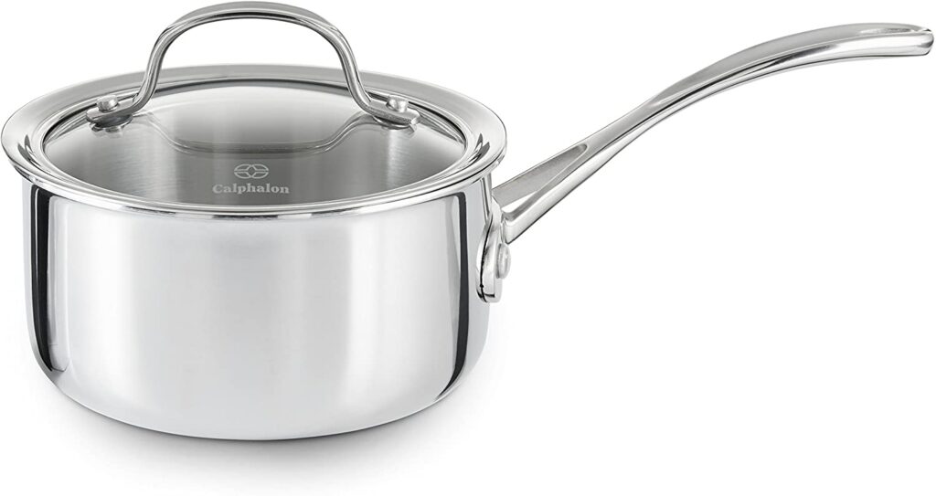 Calphalon tri_ply stainless steel 11/2 quart saucepan with cover for cooking performance.