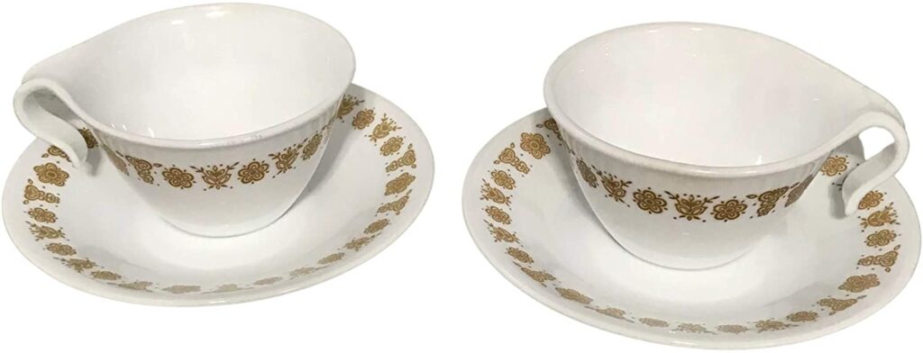Corelle golden butterfly cups and sauces for tea and coffee.