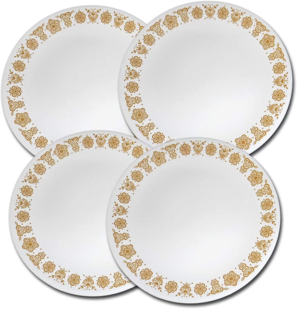 Corelle butterfly gold dinner plate set, chip, and break-resistant.