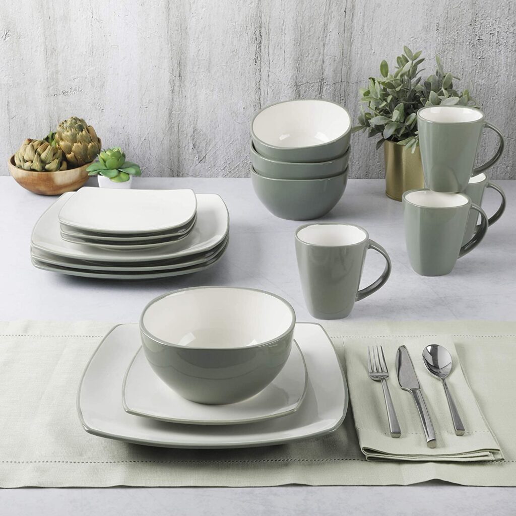 Gibson SoHo lounge lead and cadmium free dinnerware set, dishwasher, and microwave safe.