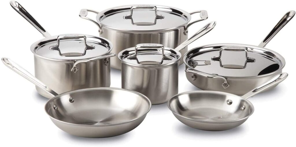 All-Clad Brushed stainless steel cookware set.